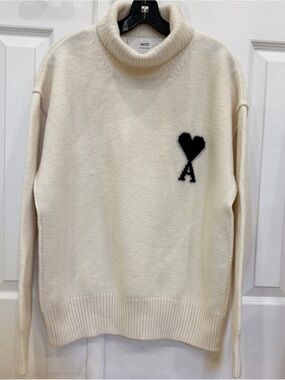 Ami Alexandre Mattiussi Cream Turtleneck Sweater with Black Heart A